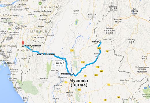 Google maps wouldn't allow the route to continue the last 250 miles, from Muse, Burma, northeast to Dali, China.