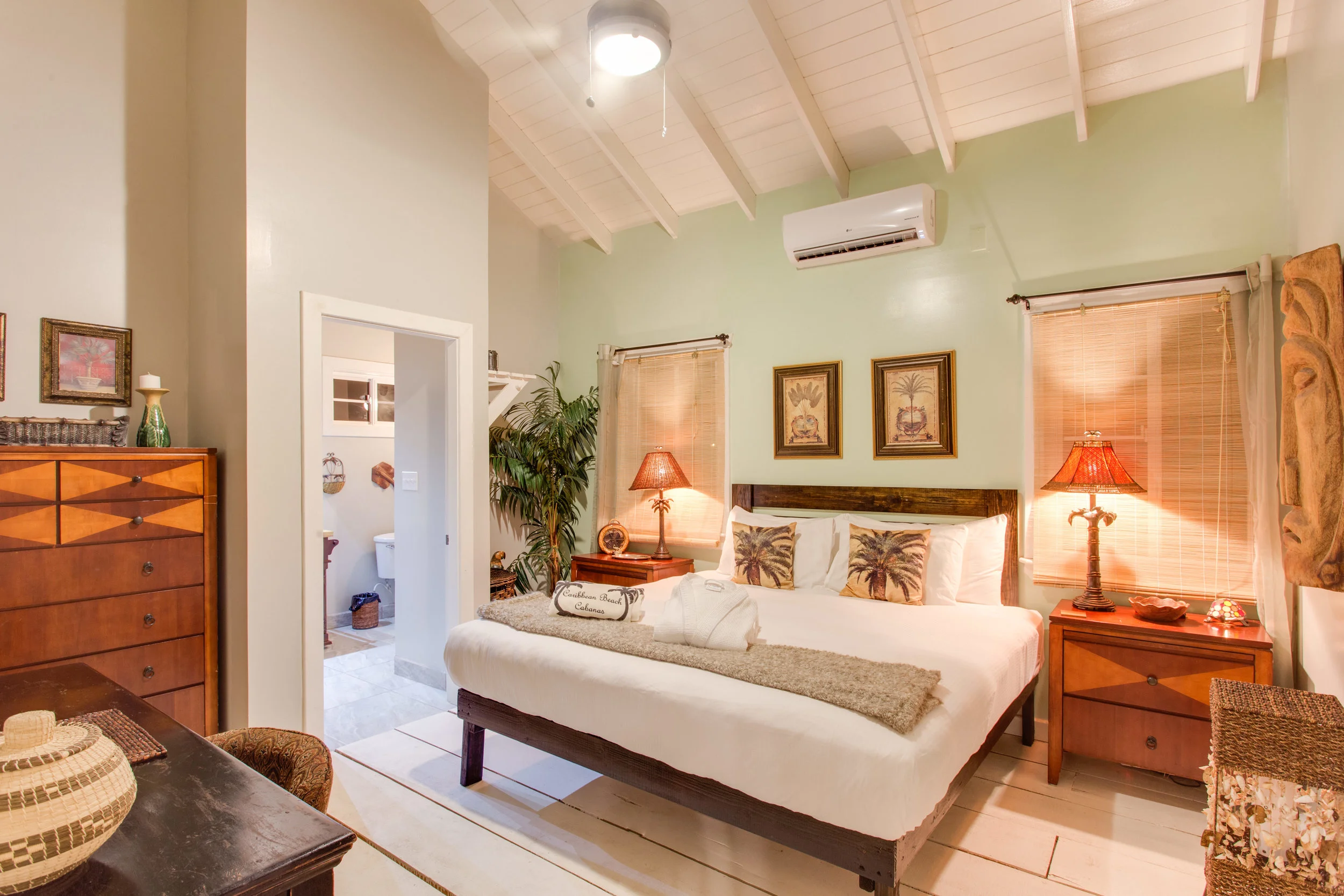 Two large, tranquil, exotic bedrooms - one king with attached full bath, one queen with full bath right next to bedroom