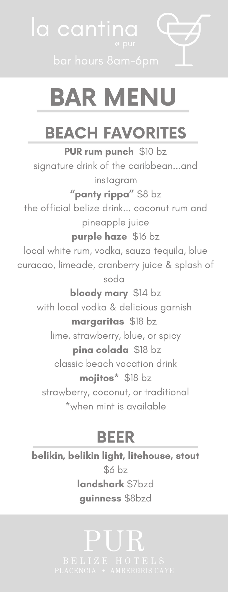 BEACH FAVORITES PUR rum punch $10 bz signature drink of the caribbean...and instagram “panty rippa” $8 bz the official belize drink... coconut rum and pineapple juice purple haze $16 bz local white rum, vodka, sauza .png