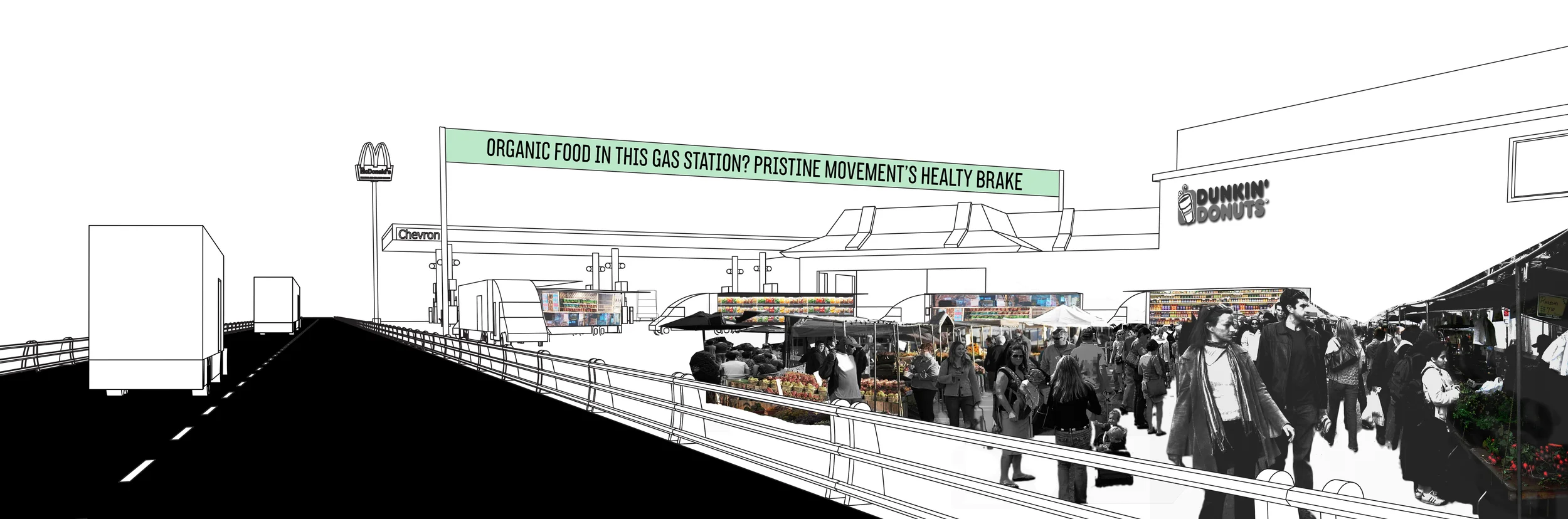 ...Also temporary markets around the highways are created, while we move from one city to the other. These temporary markets give the possibility to people to buy and eat organic food rather than the junk food sold in fast food restaurants, which are, without our intervention, the only food resources available in the gas stations...