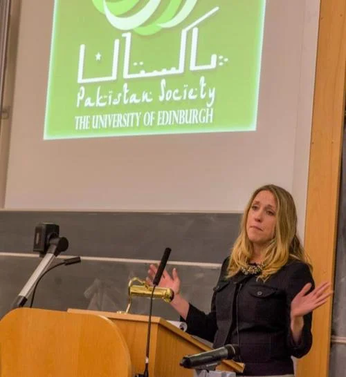 Addressing a student group at the University of Edinburgh about drone warfare in 2012