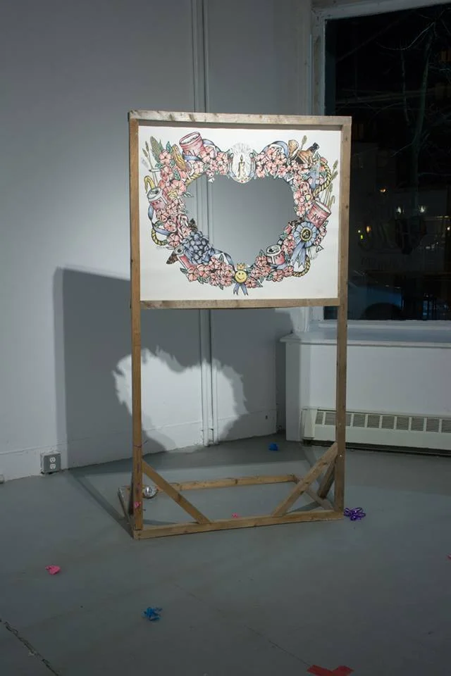 Photobooth , 2014. Hand tinted woodcut, salvaged wood 30" x 40" Collaborative project with Alex MacAskill Photo by Adrienna Mazteg