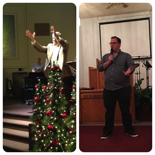 Pastor Ron McCaslin (left) speaking as Spring Creek. Blake (right) speaking at Davenport AG.