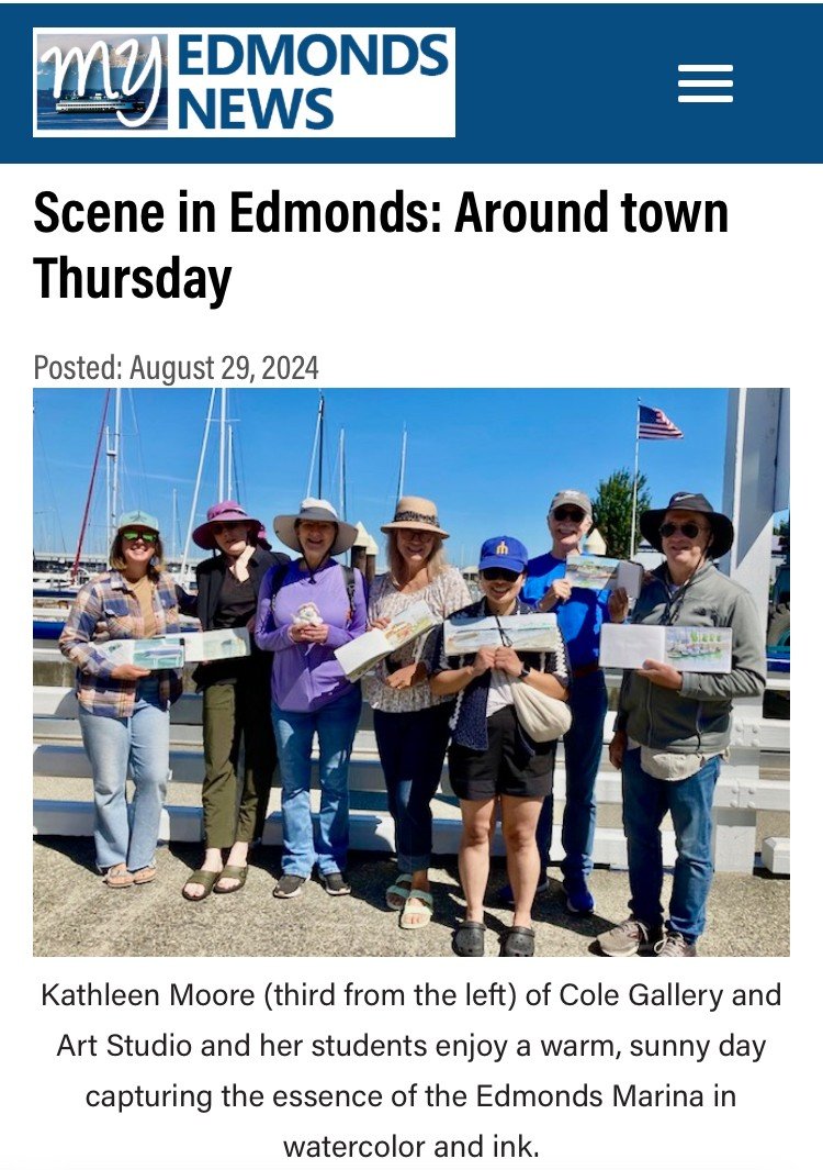 We're famous!
Photo of students in my Travel and Nature Sketchbook class after sketching at Edmonds Marina this week (Photo by Sharon O&rsquo;Brien). What a beautiful day for these great sketchers!
Want to up your sketchbook game? Join me for my &quo