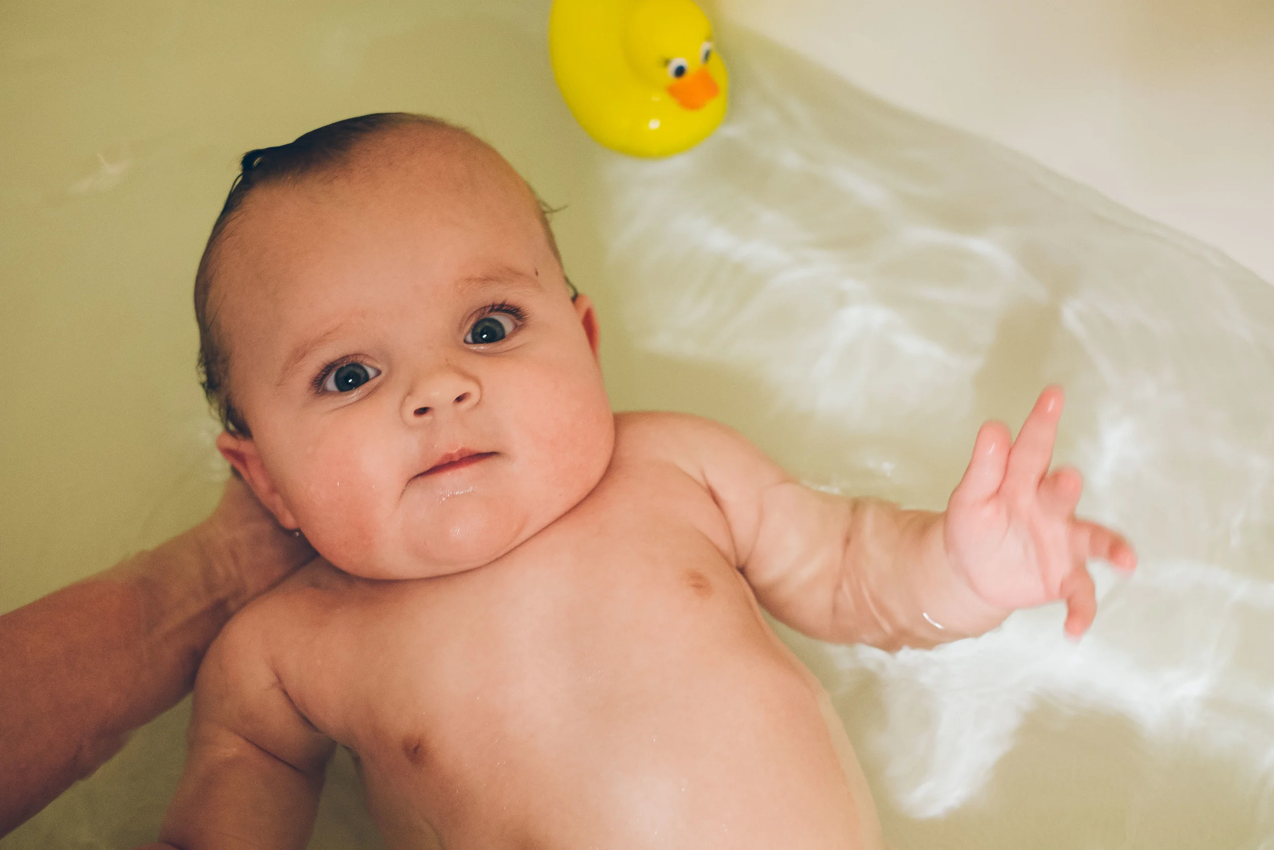 Nightly bath after her solid meal. 