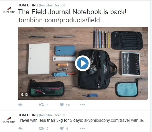 Tom Bihn's twitter page 2016: "Travel with less than 5kg for 5 days" article under "Minimalism / Travel".