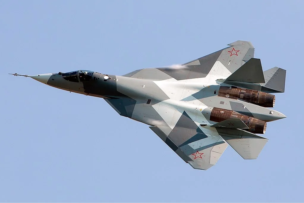 Sukhoi Su-57. Photo by Alex Beltyukov - http://www.airliners.net/photo/Russia---Air/Sukhoi-T-50/2002344/L/, CC BY-SA 3.0, https://commons.wikimedia.org/w/index.php?curid=17128712