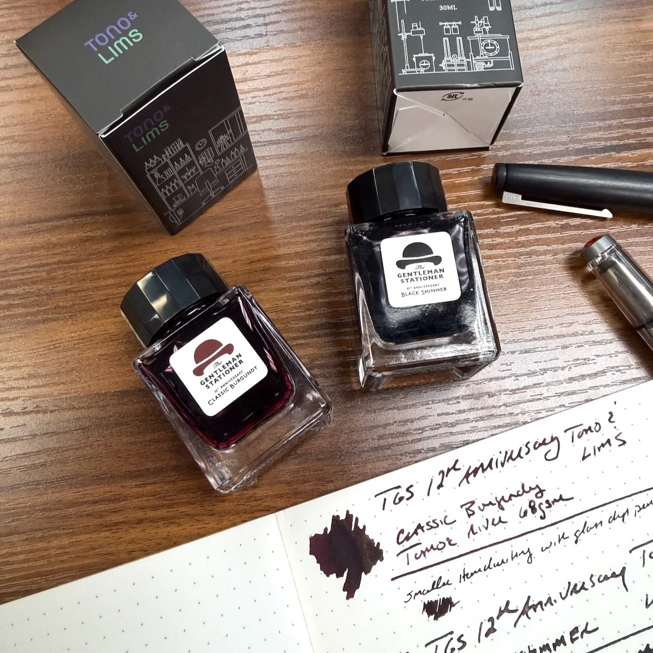 TGS Tono & Lims Exclusive Classic Burgundy and Black Shimmer Inks on Table