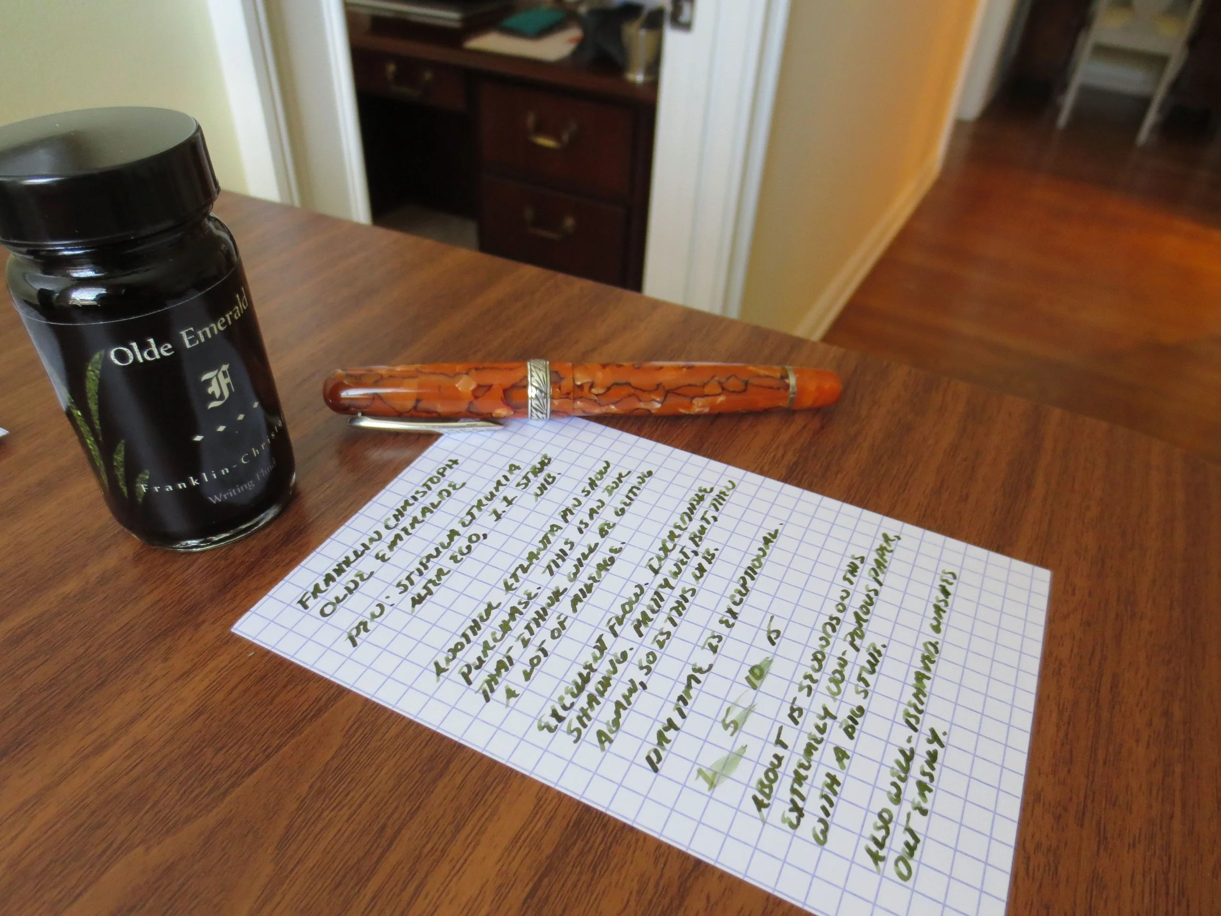 This review was written with a Stipula Etruria Alter Ego with a 1.1 mm Stub on an Exacompta Index Card. The Stub is pretty wet, and the Index Card not exactly absorbent, so the dry time on this ink is slower than it would be on typical daily use paper. 