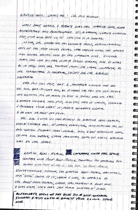 Handwritten review of Kaweco Elite fountain pen. You may recognize the mini-review of the Kaweco Blue-Black Ink at the bottom.