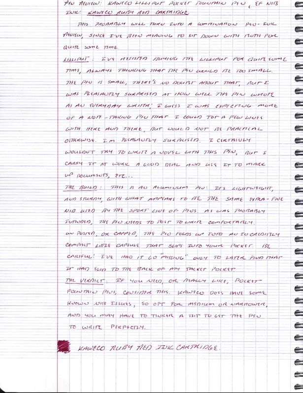 Scan of handwritten review in Kaweco Ruby Red, and ink I've grown to love but a discussion of which is outside the scope of this review.
