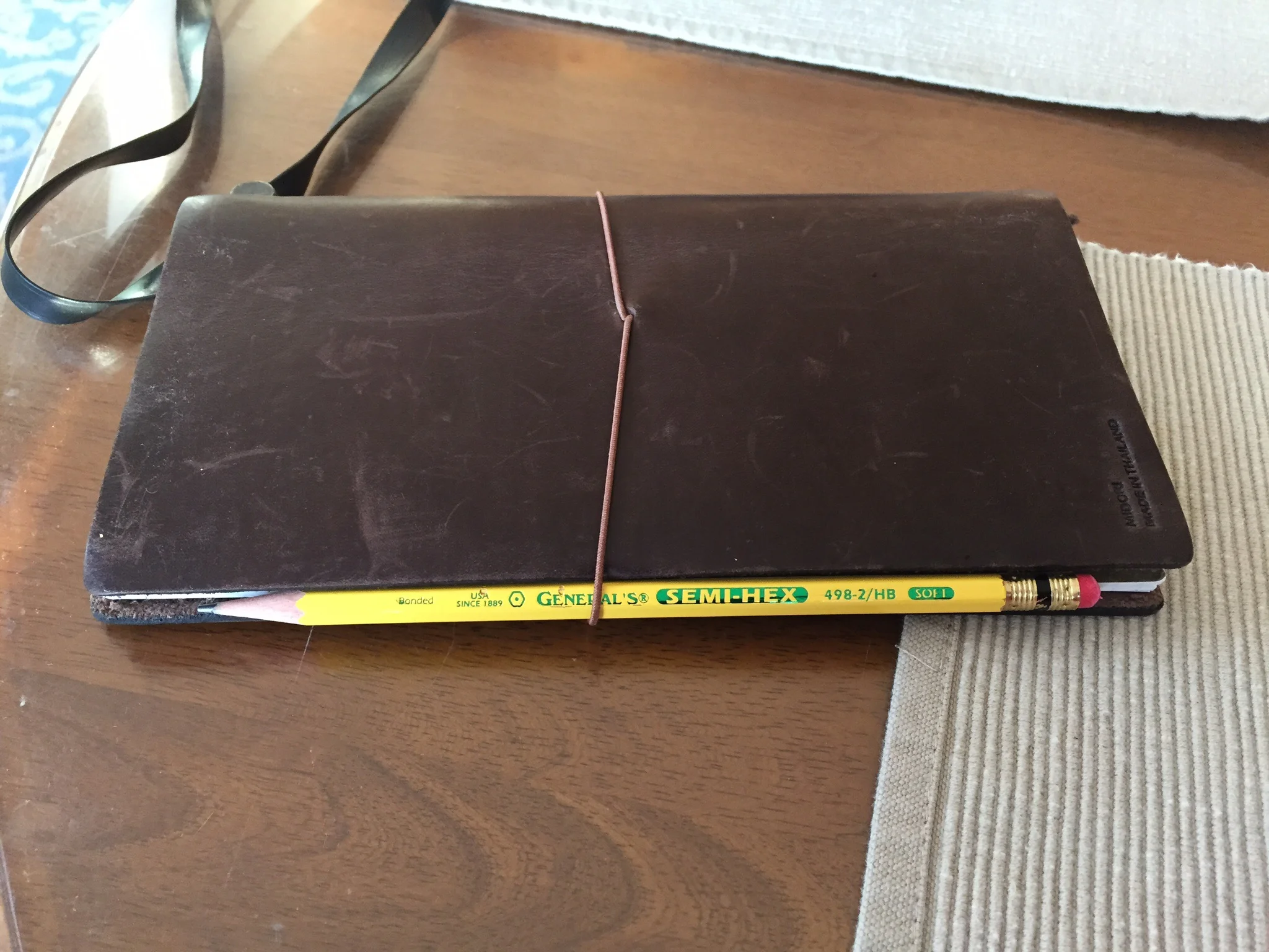 The #2 tucked into the elastic band around my Midori Traveller's Notebook. 