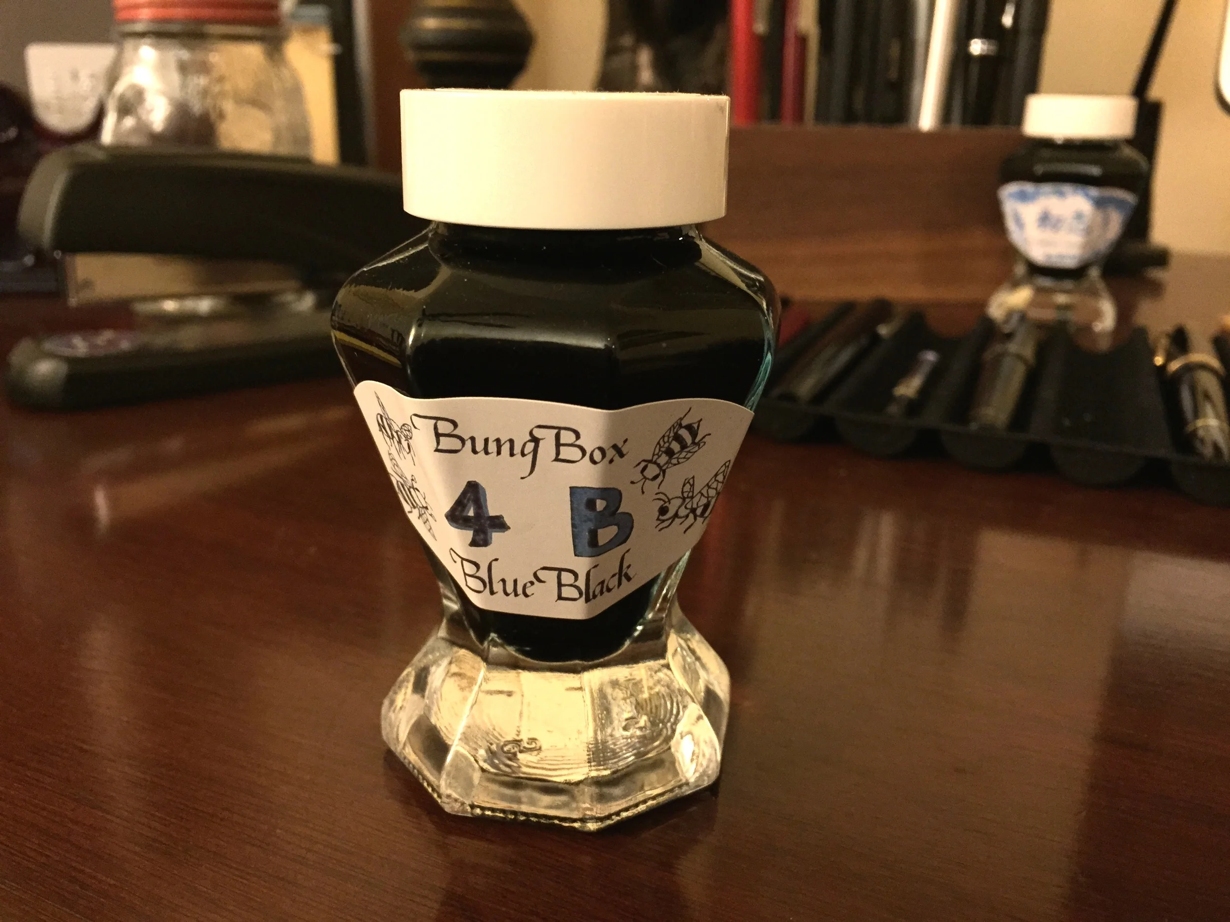 A bottle of Bung Box 4B in the coveted tall bottle, which is now being discontinued in favor of the "Regular" Sailor bottle. Presumably, this will allow Sailor to produce more inks for Bung Box, but will it cause the brand to lose it's cachet? 