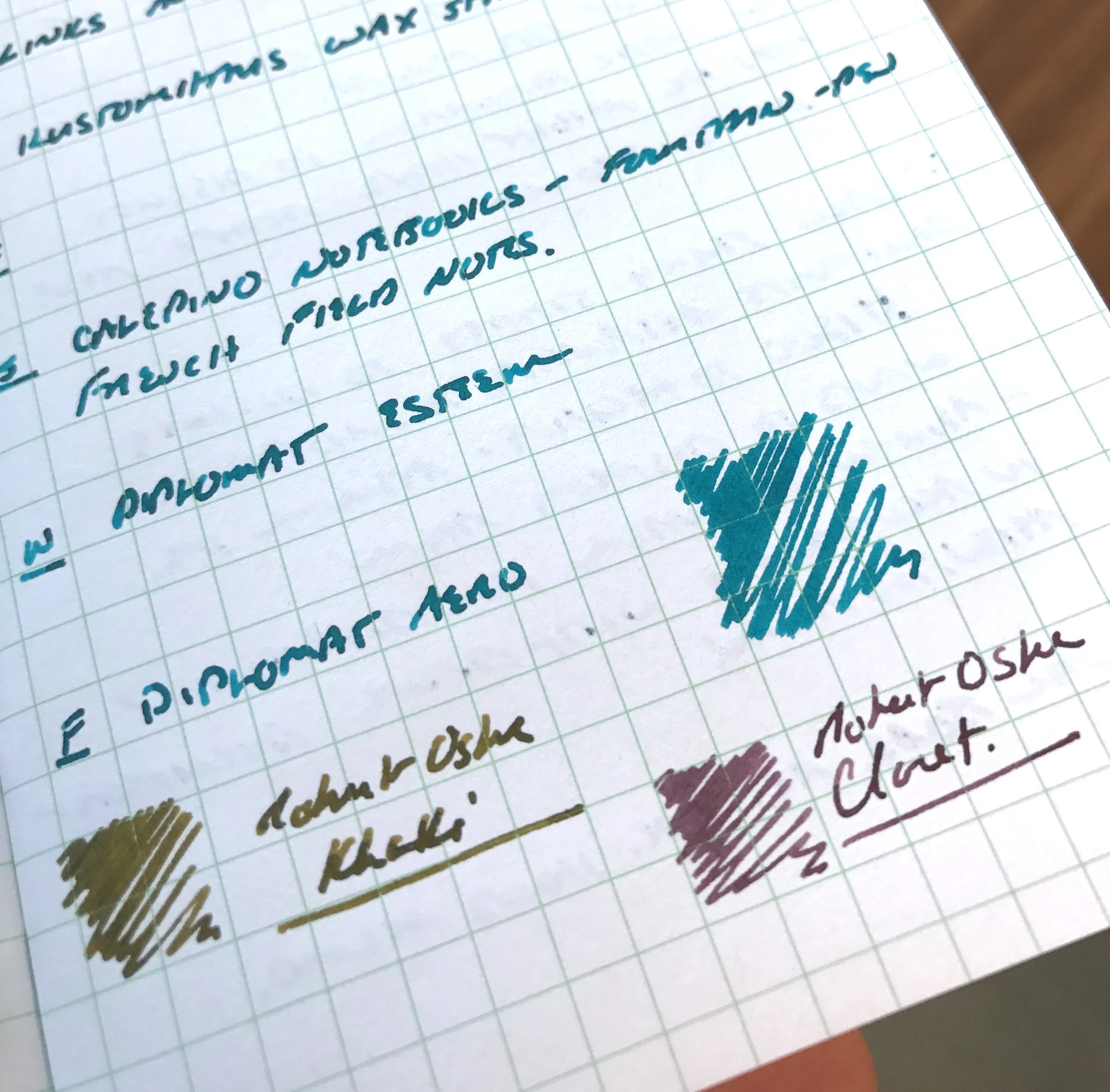 Here's another "action shot" of Robert Oster Tranquility, Khaki, and Claret on Calepino notebook paper. This picture shows off the shading a bit better than some of the other writing samples, especially in the Tranquility and Khaki.&nbsp;