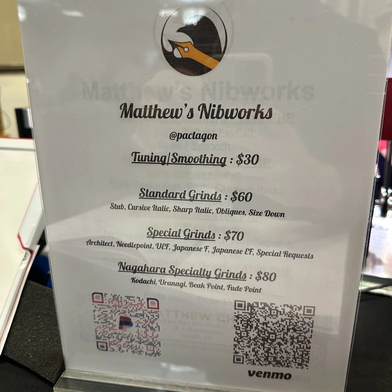 Matthew's Nib Works Price List