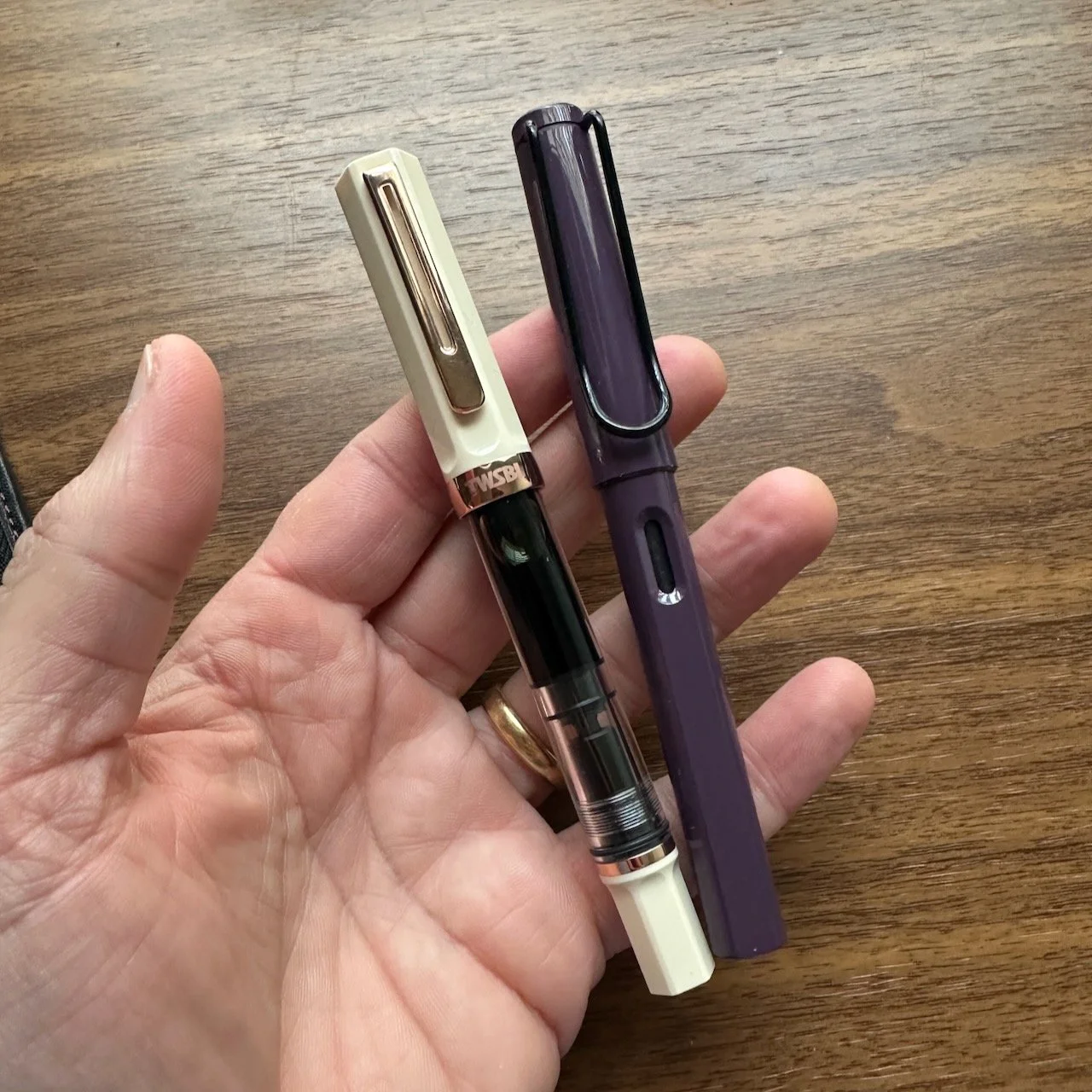 TWSBI ECO and Lamy Safari Fountain Pens in Hand shown for scale