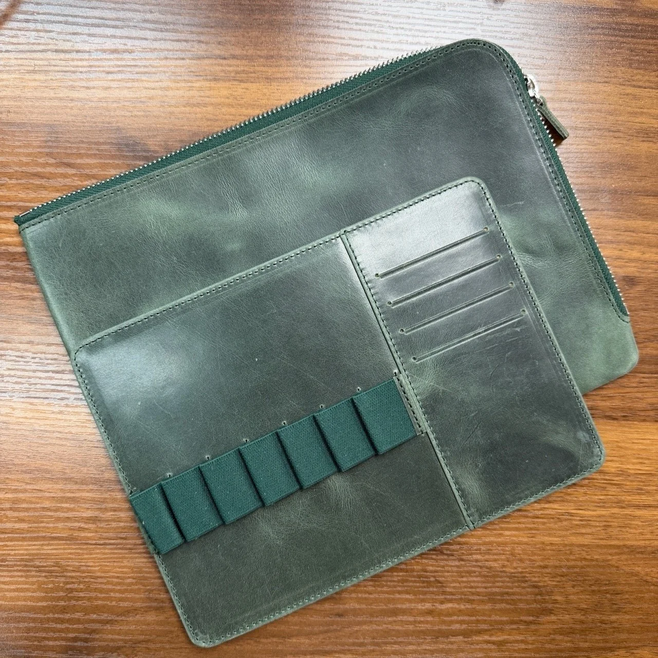 Galen Leather Writer's Bank Bag Crazy Horse Green Open