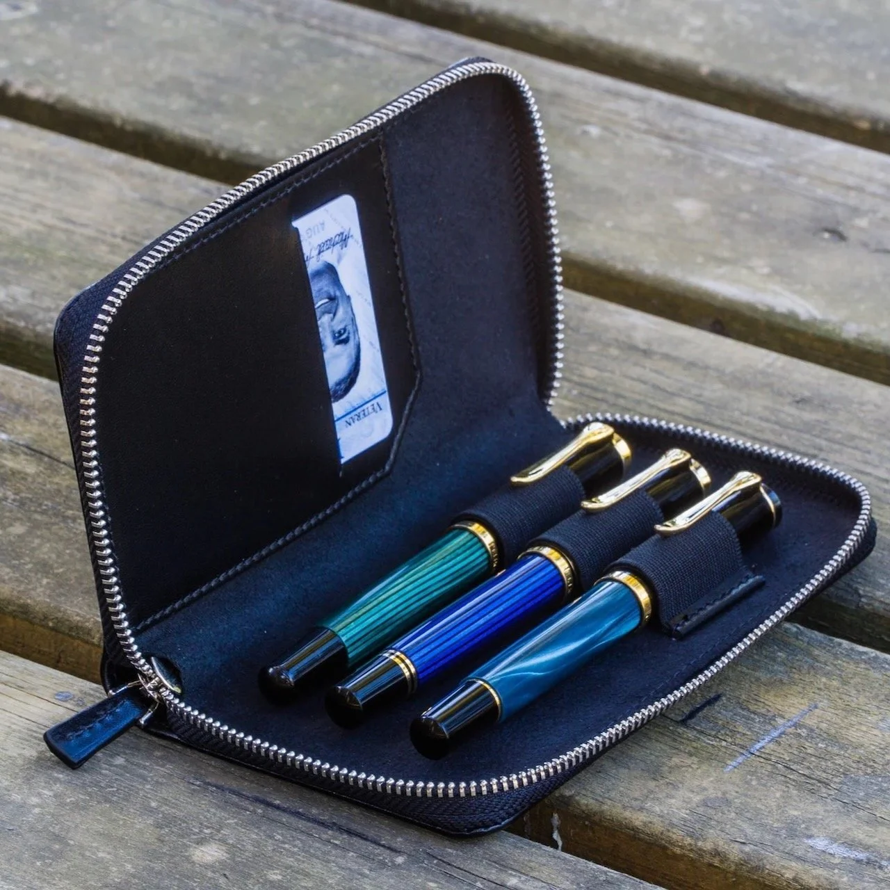 Galen Leather 3-Pen Zippered Case Black Interior