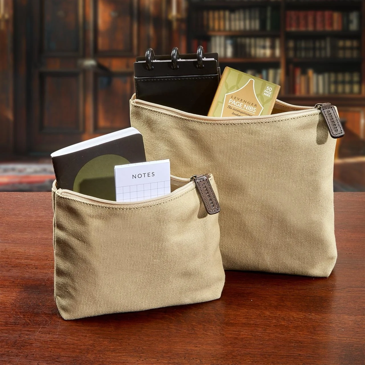 Levenger Canvas Pouches Filled with Notes and Accessories