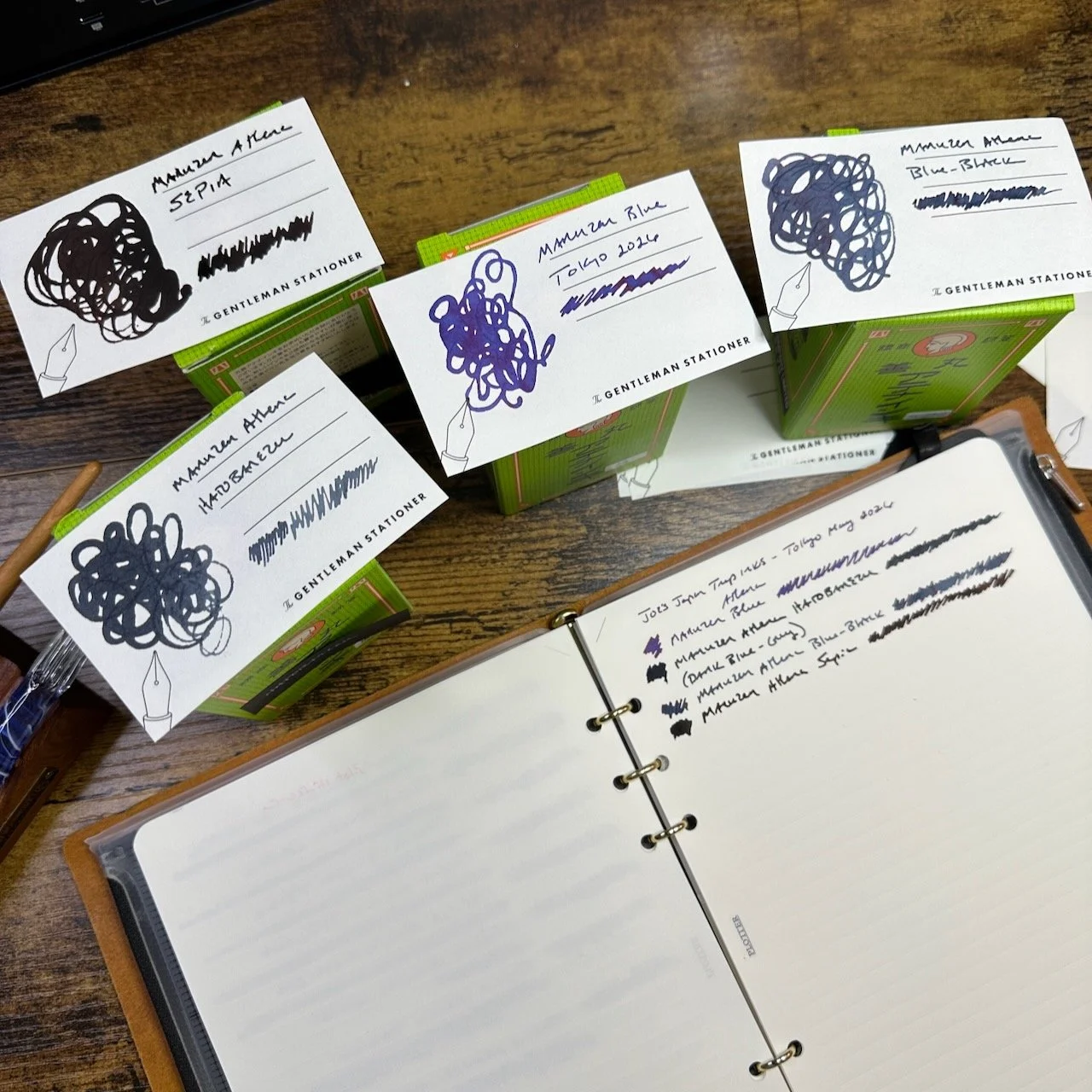 Maruzen Athena Inks with Swatch cards displayed