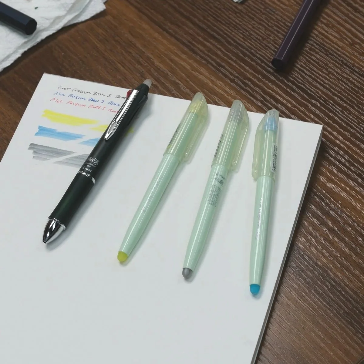 Pilot Frixion Ball 3 and Frixion Highlighters shown in Craft Design Technology colors