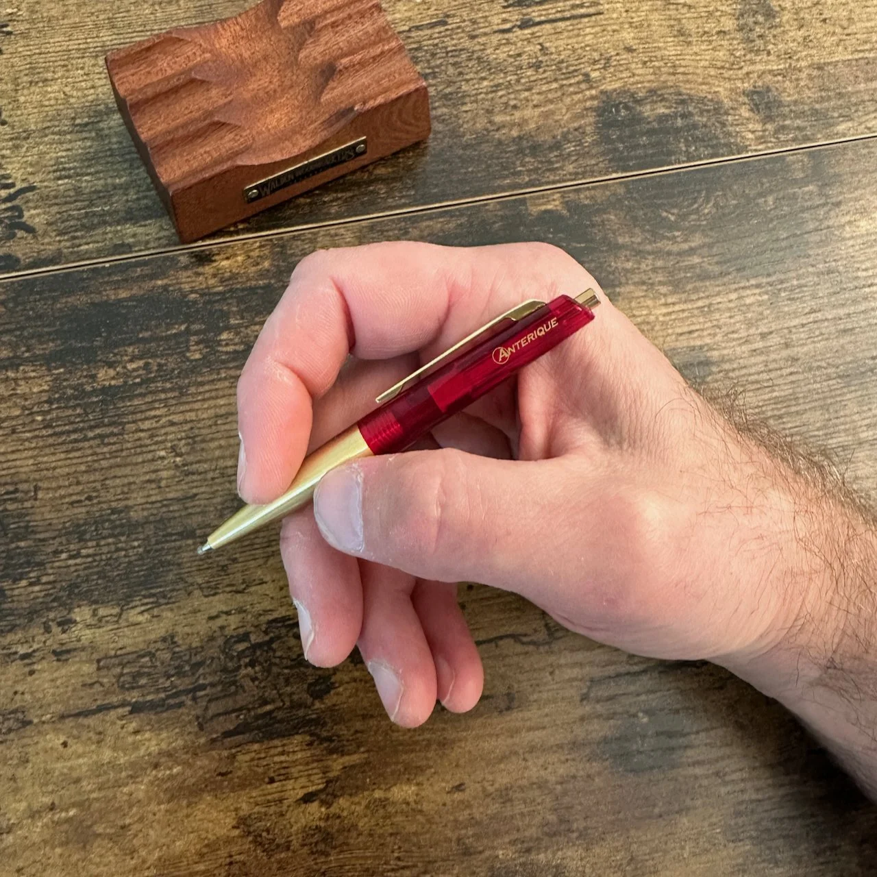 Anterique Miniature Brass Ballpoint Clear Red In-Hand