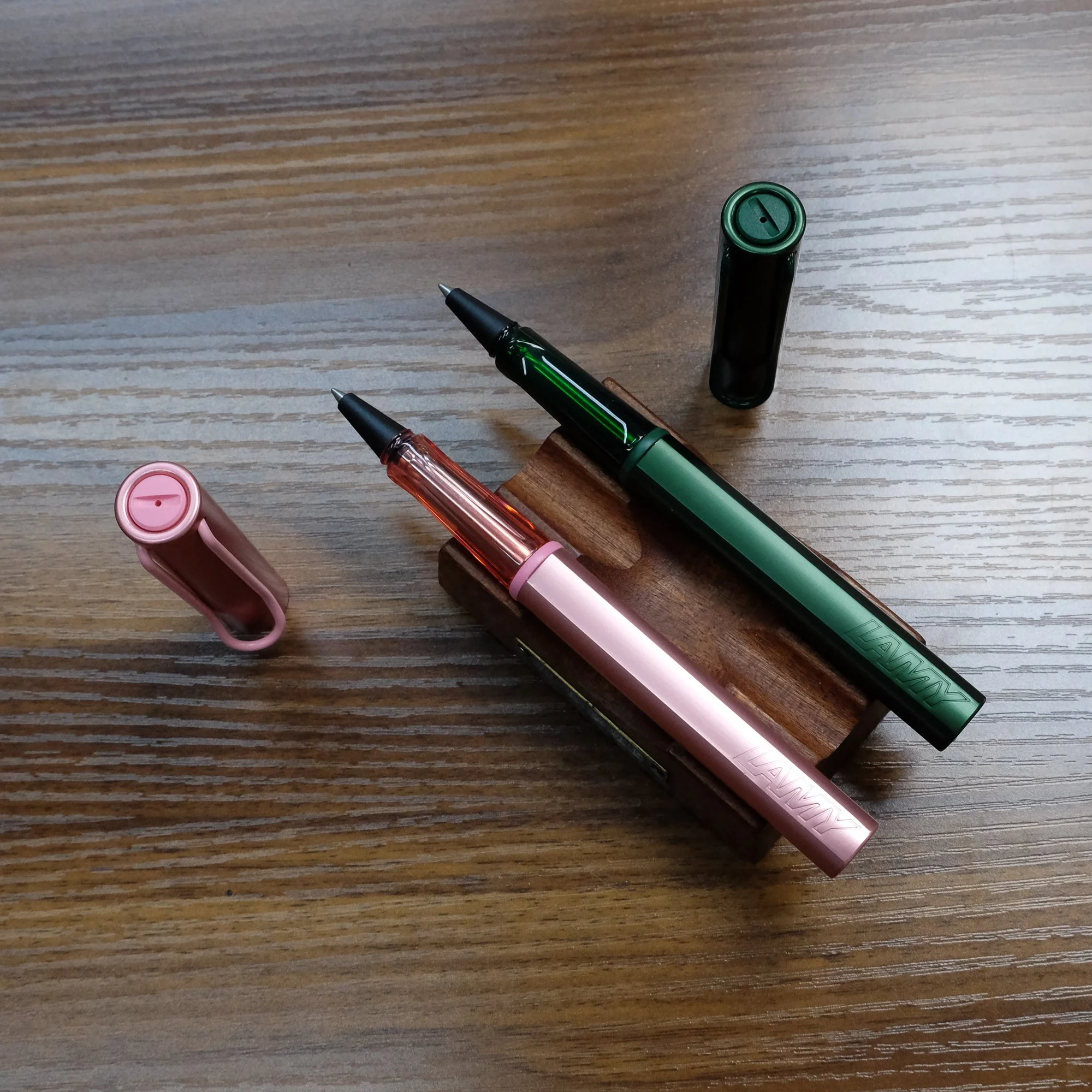 Lamy AL-Star Pine and Flamingo Rollerballs Uncapped