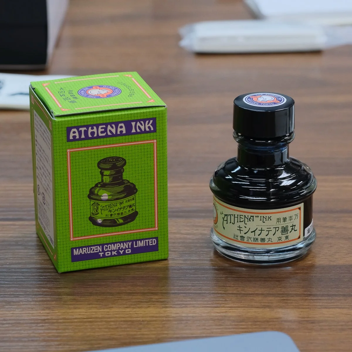 Maruzen Athena Ink Bottle shown next to the Maruzen Box