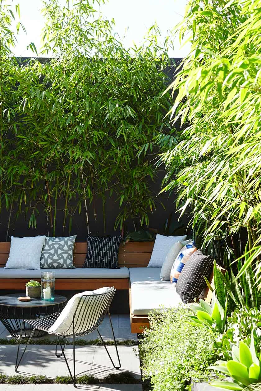 7. Create a feeling of an oasis by adding a wall of planting and back your seating with a garden bed