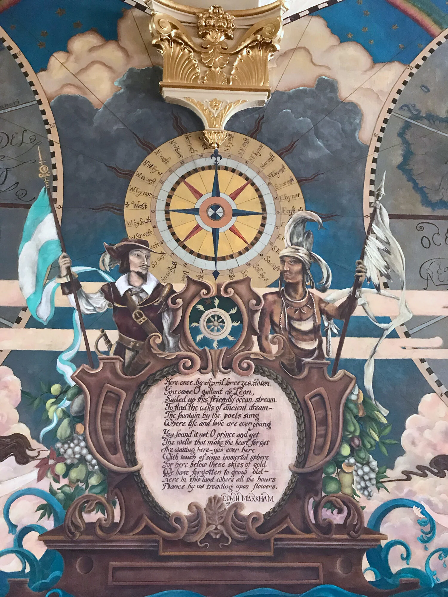 The mural celebrates the naming of Florida in 1513, the cross takes inspiration from the compass of discovery.