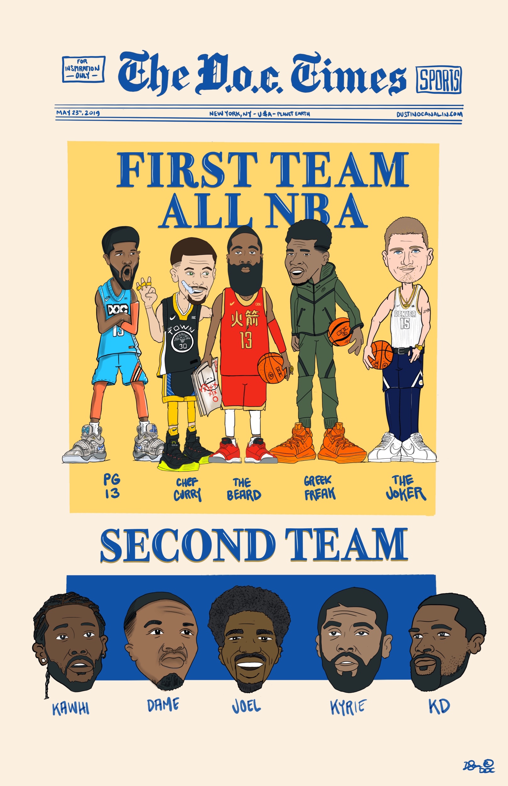 The All NBA Teams were announced and missing for the first time in a loooong time was Lebron James. Milwaukee 's Antetokounmpo and Oklahoma City 's George were named to the two forward spots on the first team; Stephen Curry of Golden State joined Houston 's Harden as the guards; and Denver Nuggets center Nikola Jokic rounded out the first team. The second team consists of Damian Lillard and Kyrie Irving at guard, Kevin Durant and Kawhi Leonard at forward and Joel Embiid at center. Joining James on the third team are Russell Westbrook and Kemba Walker at guard, Blake Griffin at forward and Rudy Gobert at center.