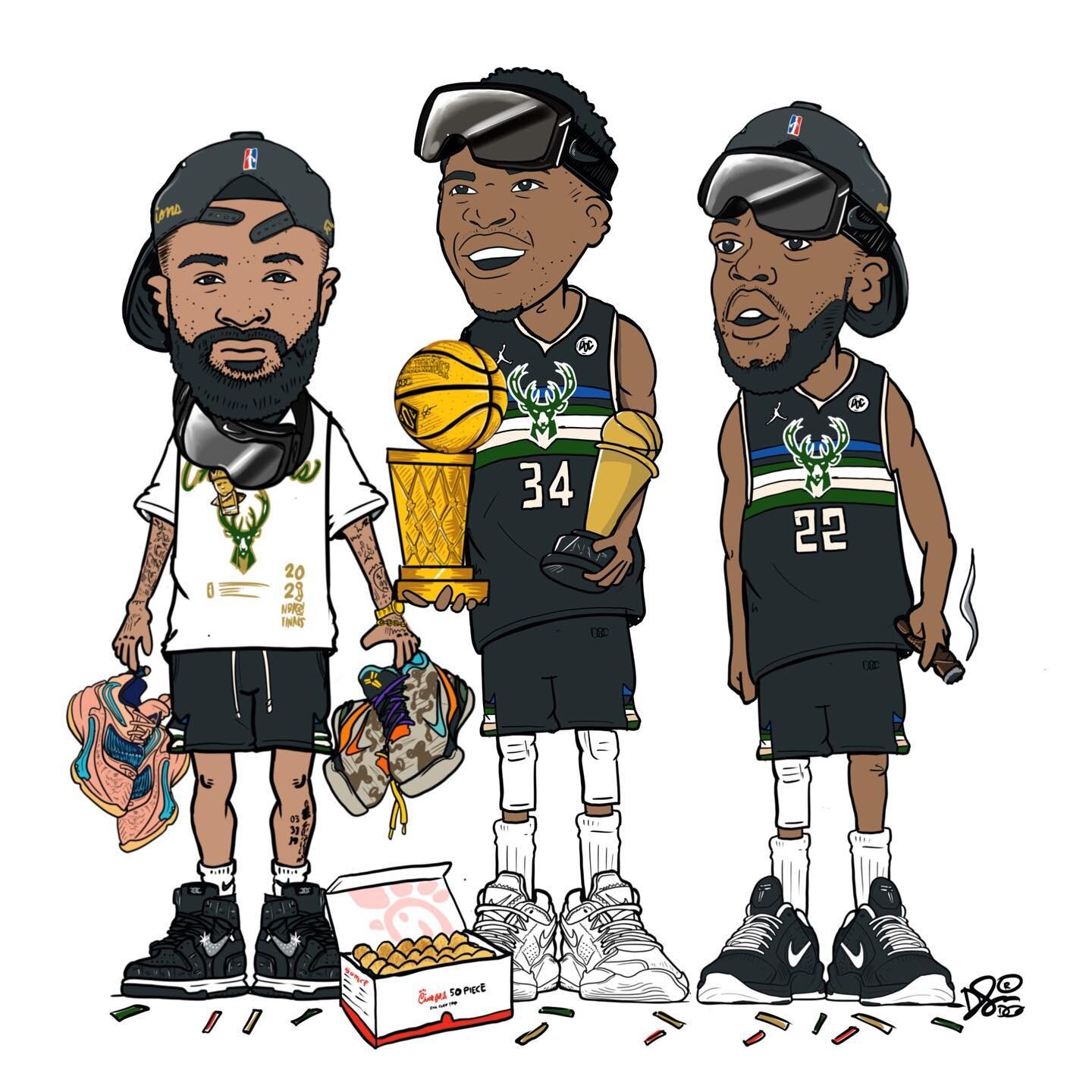 Congrats @giannis_an34 @k_mid22 @pjtucker &amp; @bucks 🎉🏆
#50piece #finalsmvp #nbachamps 
-
- sign up for newsletter (in bio) for info on print &amp; product launches 📰👍🏽
.
. 

 &bull; #docsdoodles #ByDOC #caricature #art #ballharderbydoc #dusti