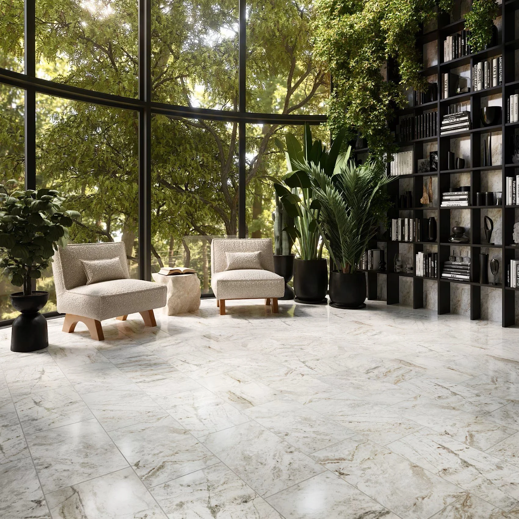 a white and grey stone-look floor installed in a library with a big window overlooking a bright green forest