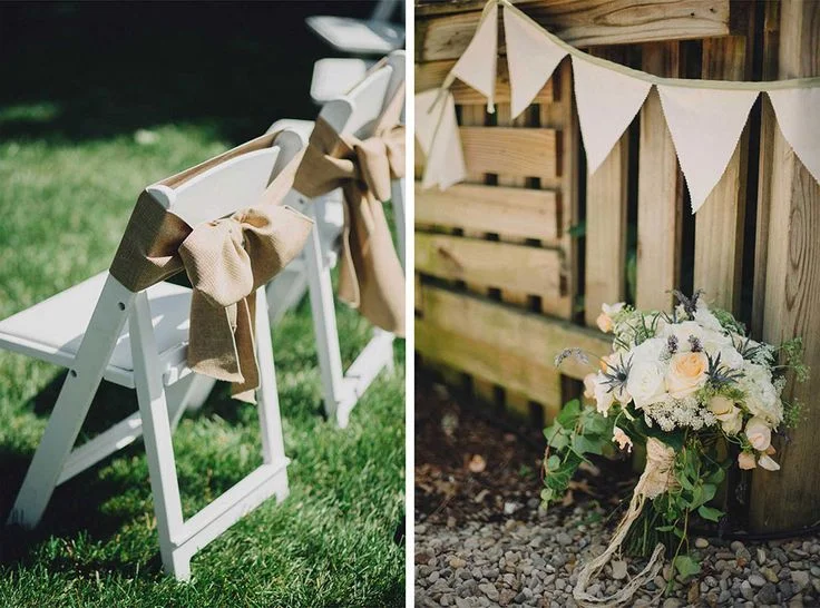 Burlap bows for the chairs and the Bride's bouquet