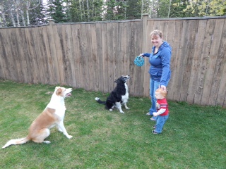 Kelly with her son and two dogs.