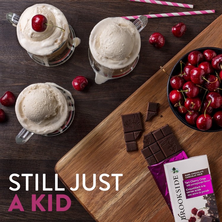 Tart Cherry Crisp with Pomegranate Brookside Bar Recreate those childhood memories with a root beer float and a bar of Brookside Tart Cherry Crisp. Don’t forget to put a cherry on top!