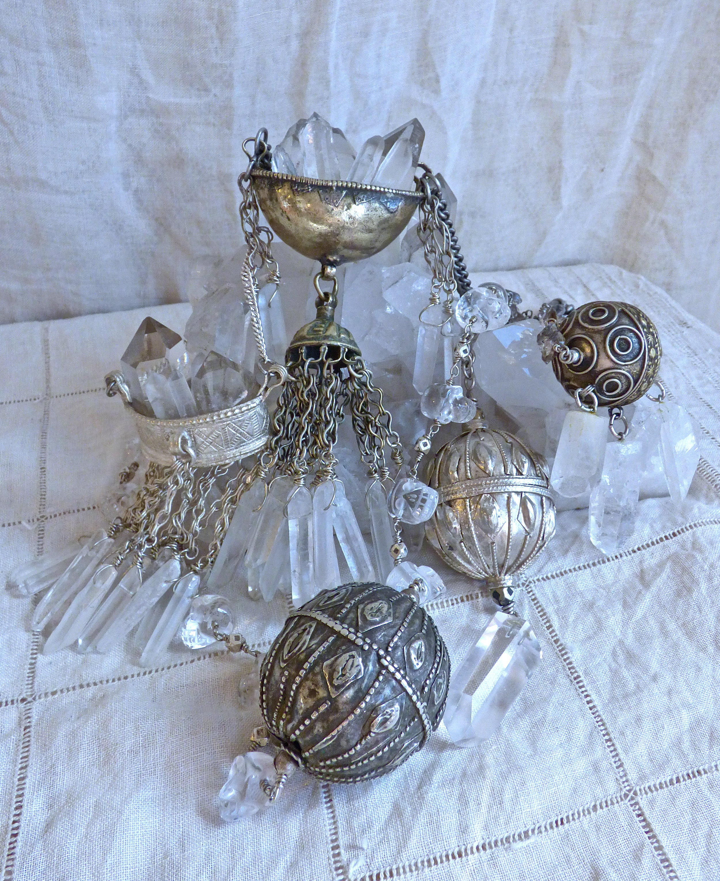  Vintage Indian beggar's cup necklaces set with raw quartz, and antique Yemenite beads with carved quartz skulls, quartz points, and herkimer diamonds 