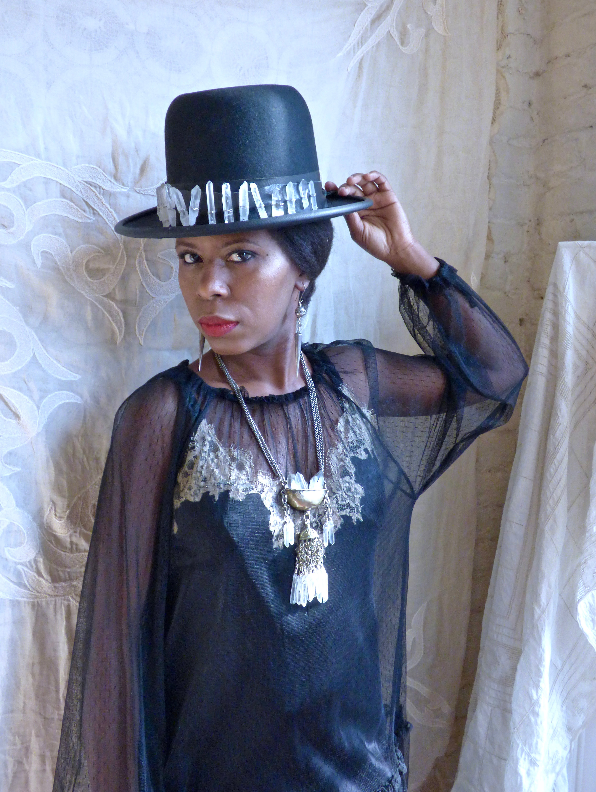 Quartz and leather hat band; vintage Indian beggar's cup necklace with quartz crystals. 