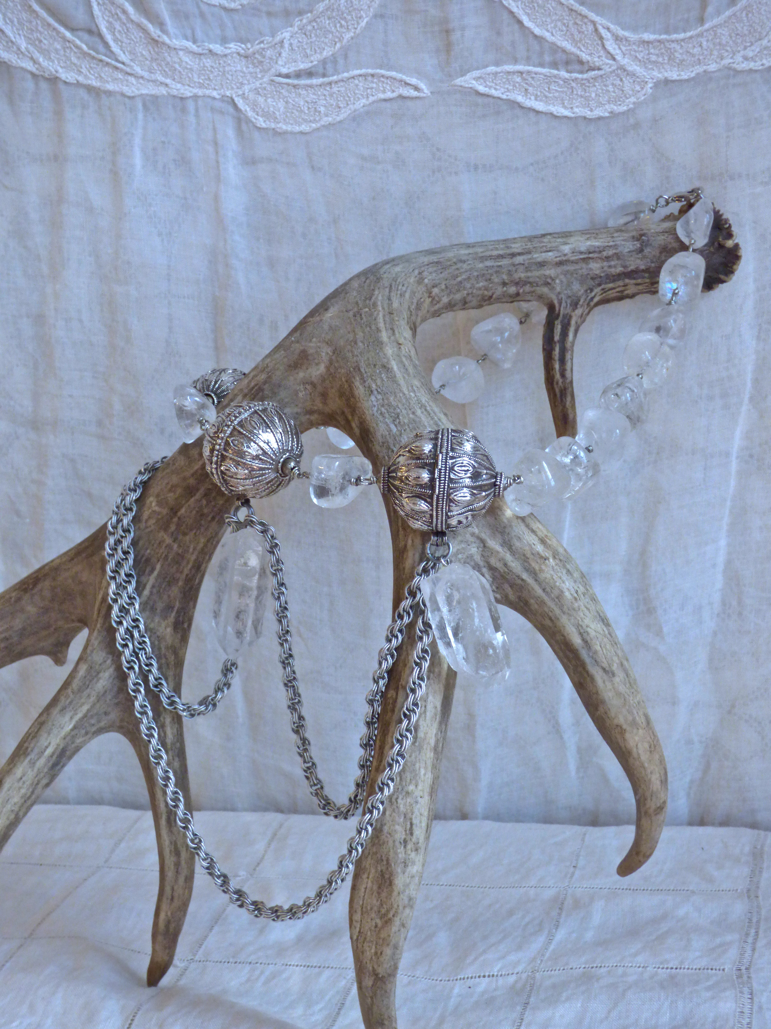  Vintage Yemenite silver beads with polished quartz beads, quartz points, and vintage repurposed Trifari chain.&nbsp; 