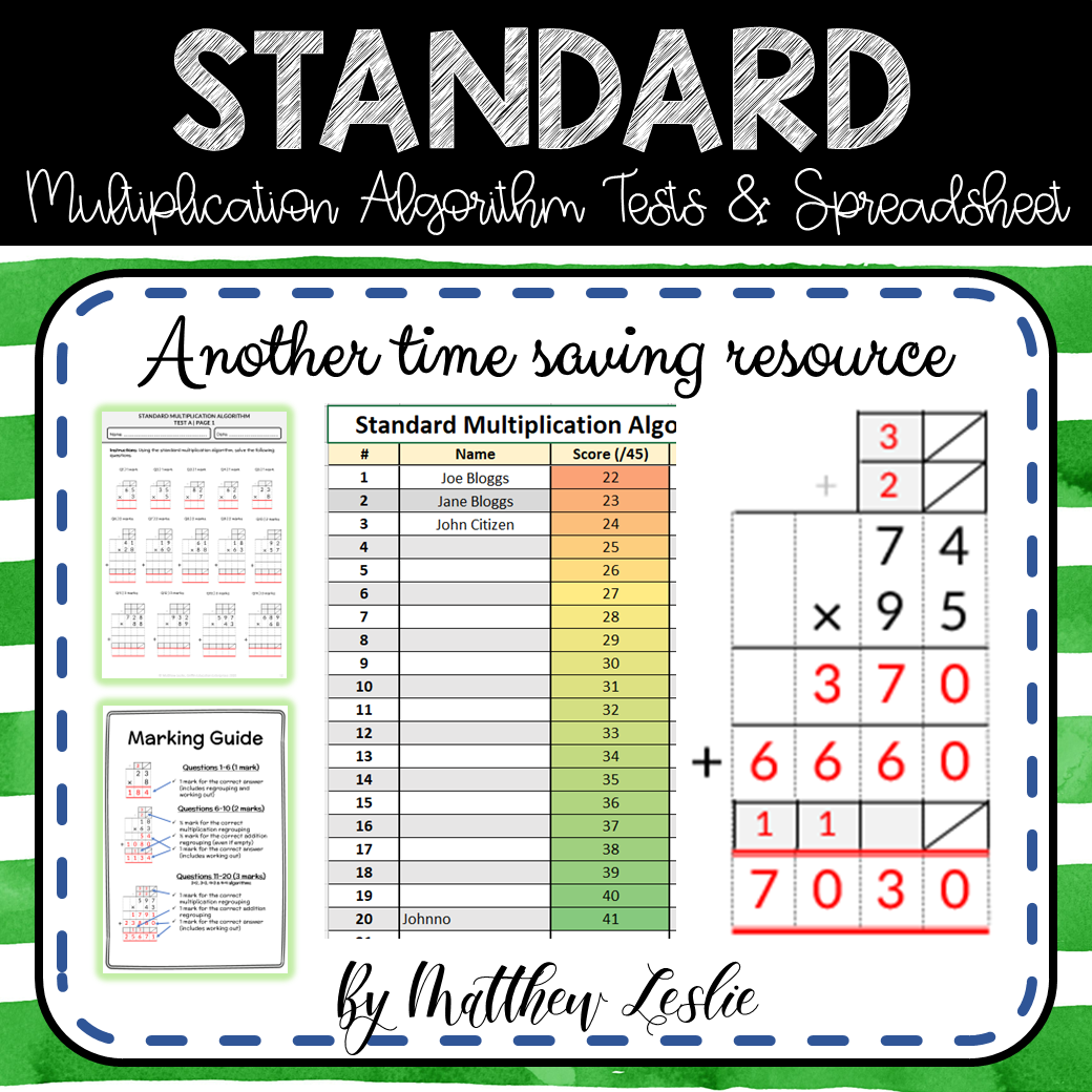 Standard Multiplication Algorithm Tests & Excel Spreadsheet
