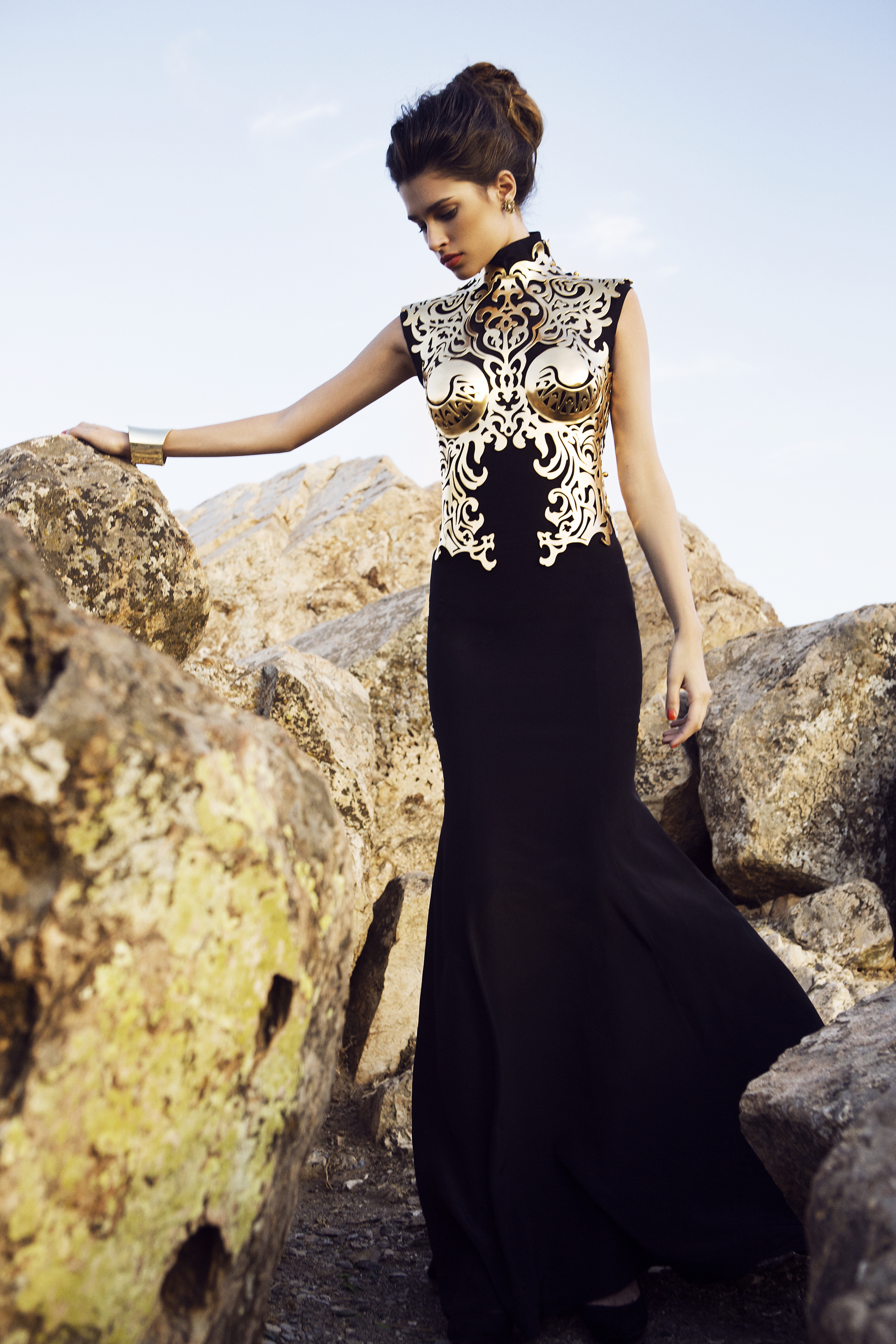 Gold-plated brass and copper corset made by Mark Prouse. Designed by Jessica Tiegel, photographed by Patrick Styrnol, modelled by Barbara Tous of Elite Barcelona, gold work by FMB Technik GMBH. POA.