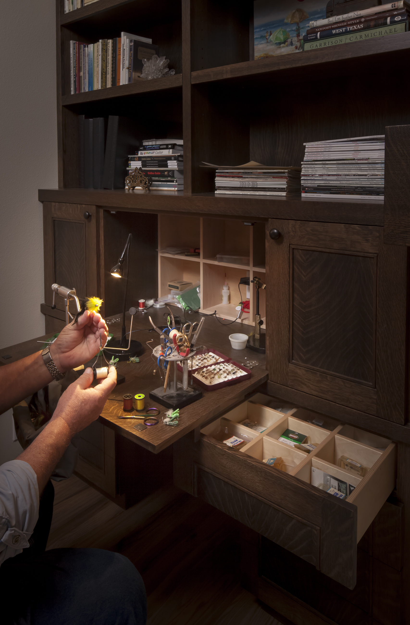 Fly Tying Station Bookcase Reznikoff Custom Furniture