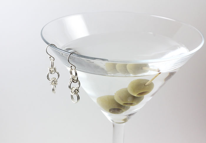 Sterling Silver Odd-Angles Byzantine Earrings , shown with a wet martini with extra olives.