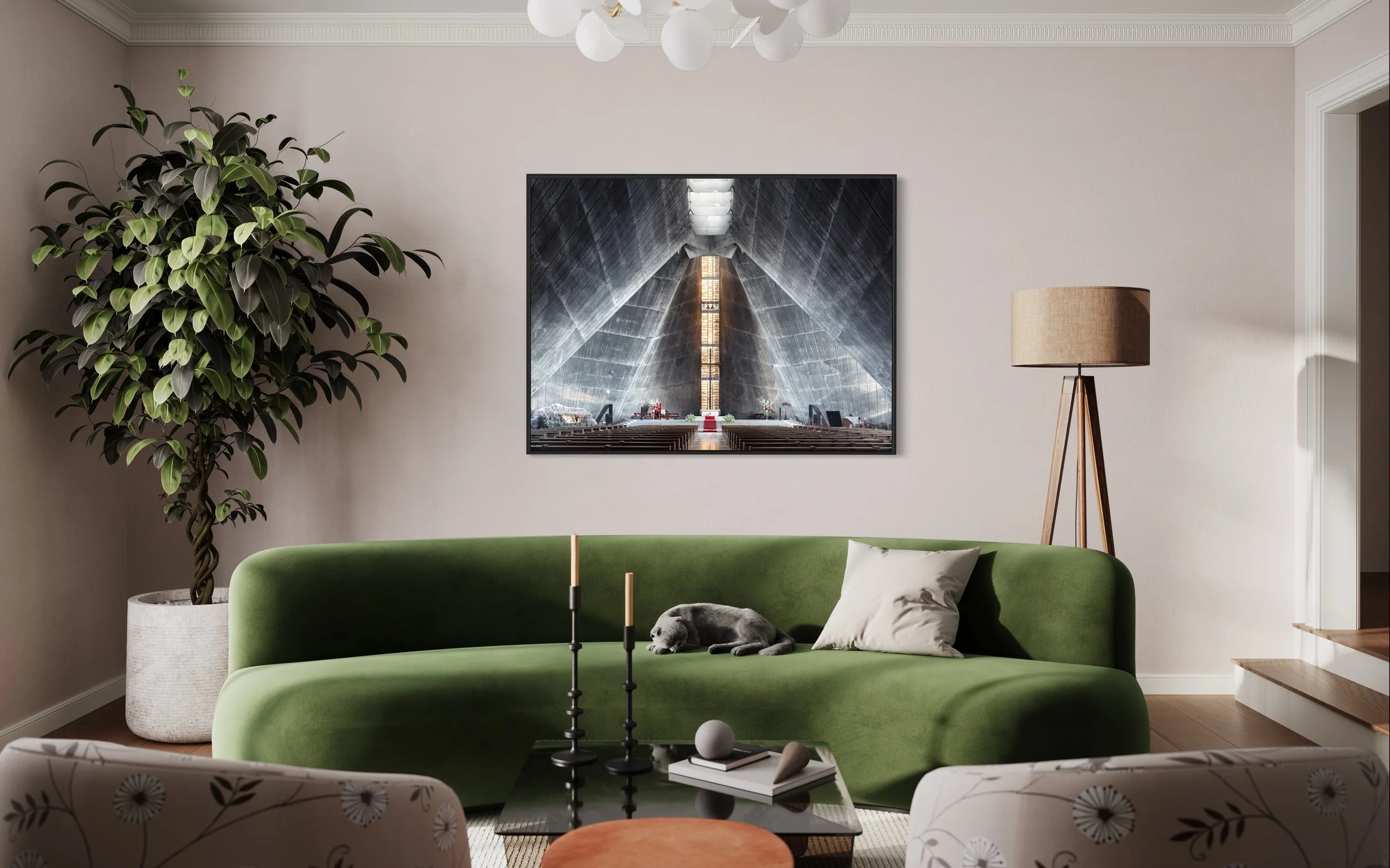 Saint Mary's Cathedral Tokyo Fine Art Photography Print Thibaud Poirier green sofa cosy living room