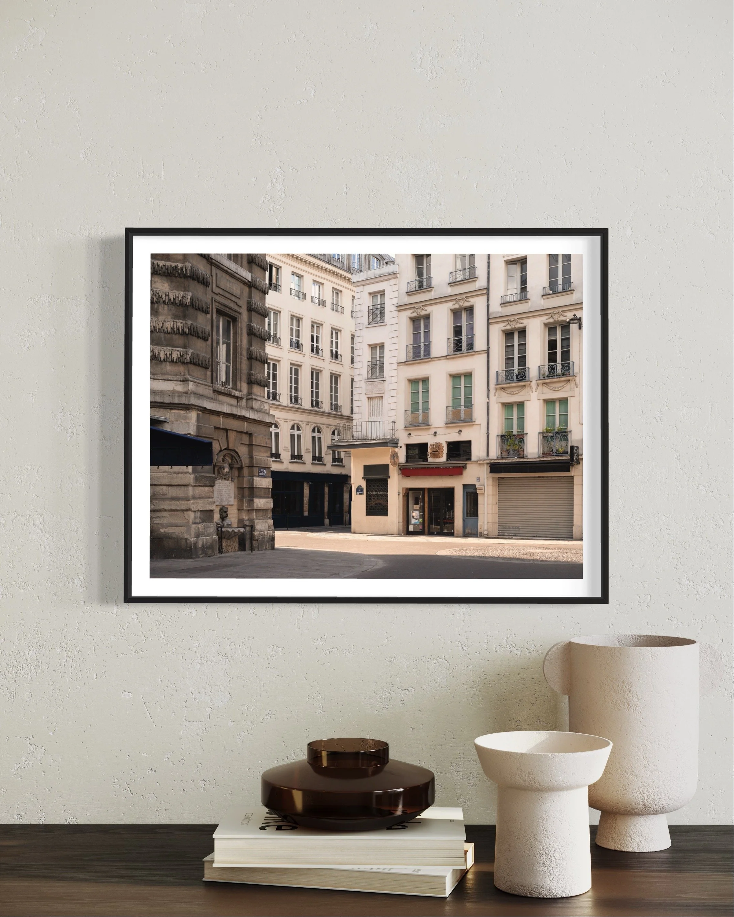 Rue de L'arbre Sec Empty Paris Fine Art Photography Print Thibaud Poirier Black frame vases