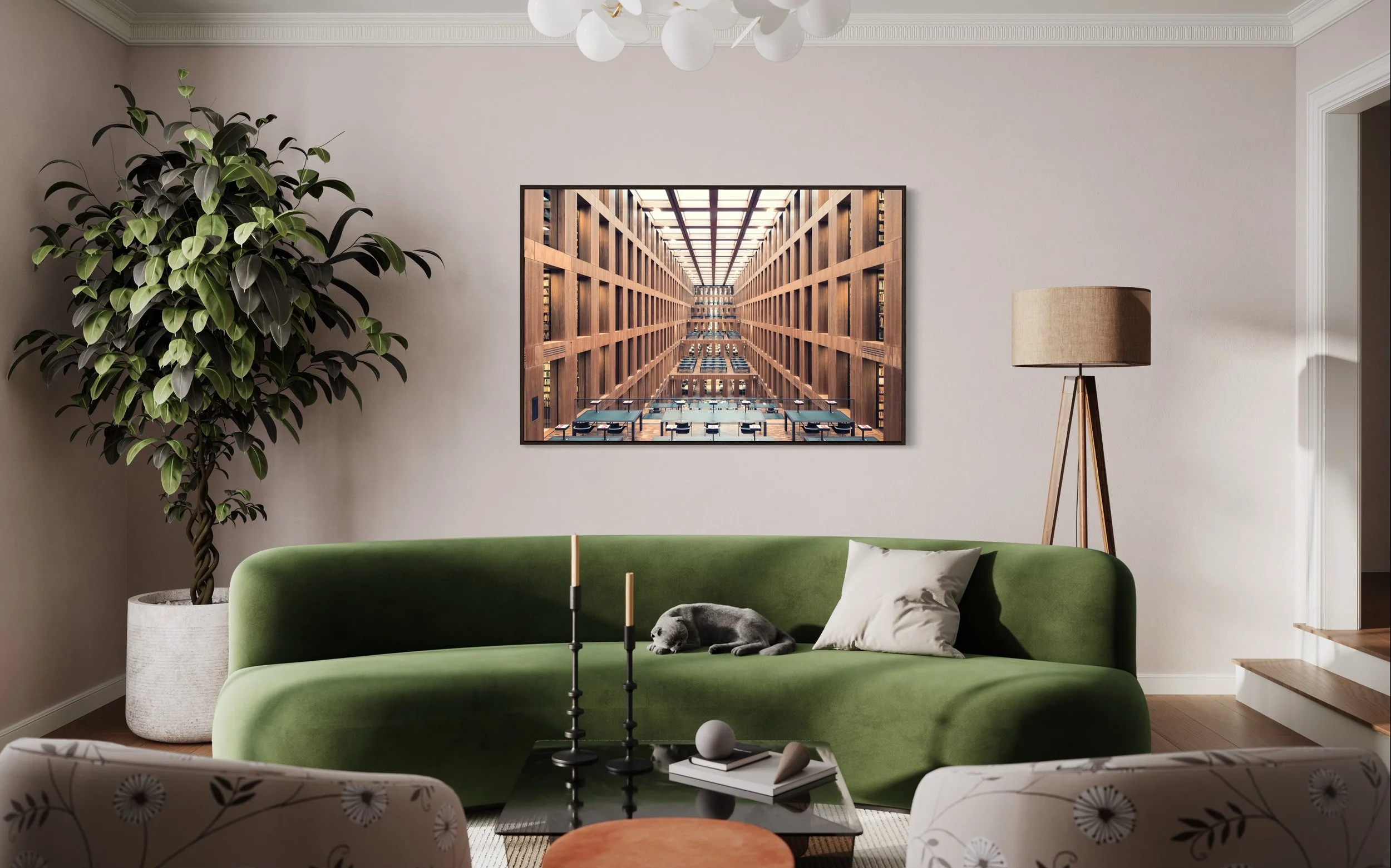 Grimm Zentrum Library Berlin Fine Art Photography Print Thibaud Poirier green sofa cosy interior