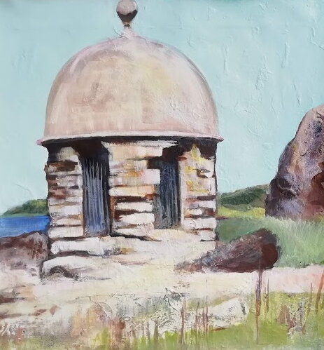 14 Bathing hut, Calzean.  Acrylic and oil on recycled canvas by Sarah Kay Wren.jpg