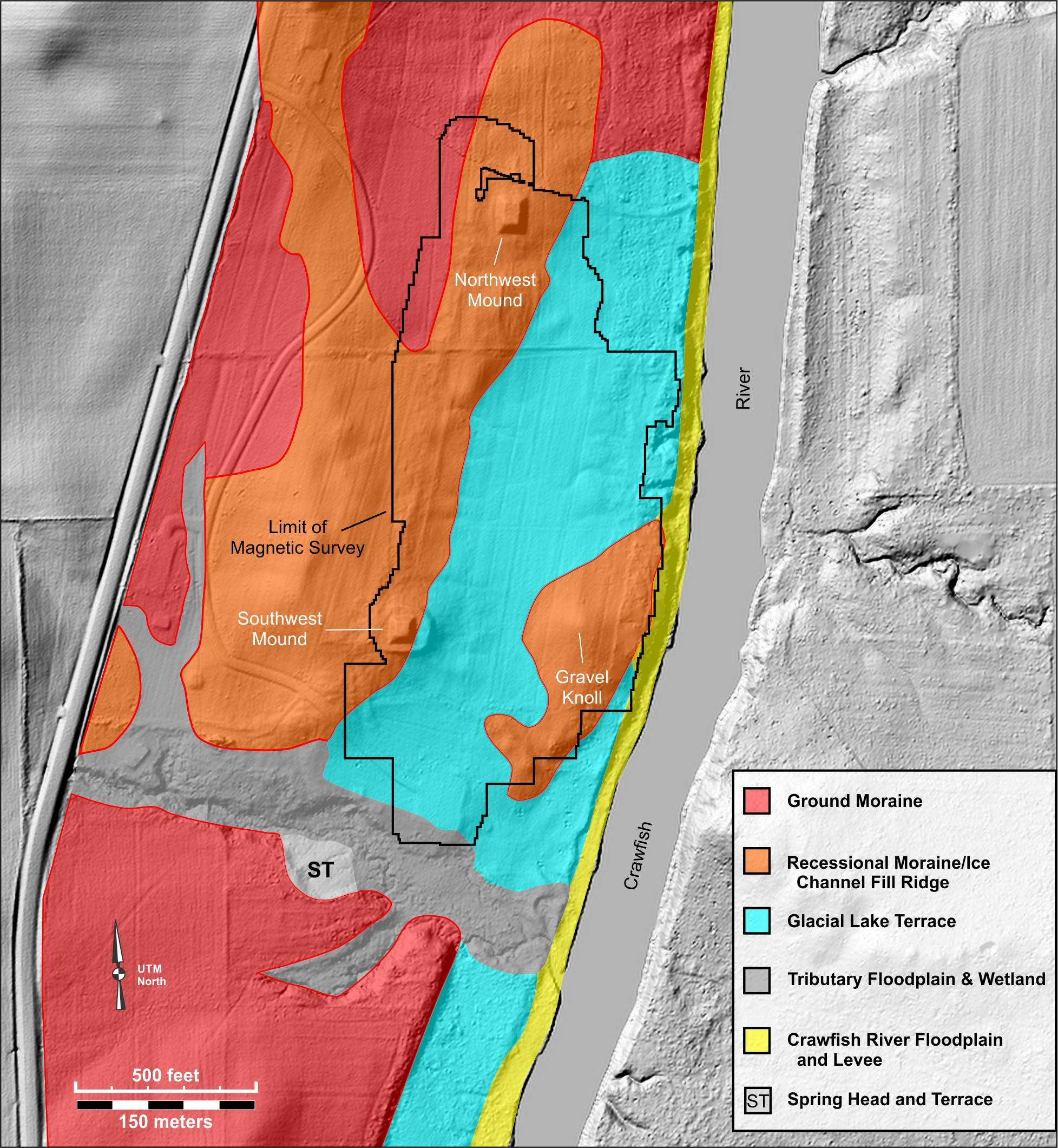 Figure 3. Major geomorphic zones in the Aztalan State Park area overlaid on the 2012 LiDAR-based digital surface model