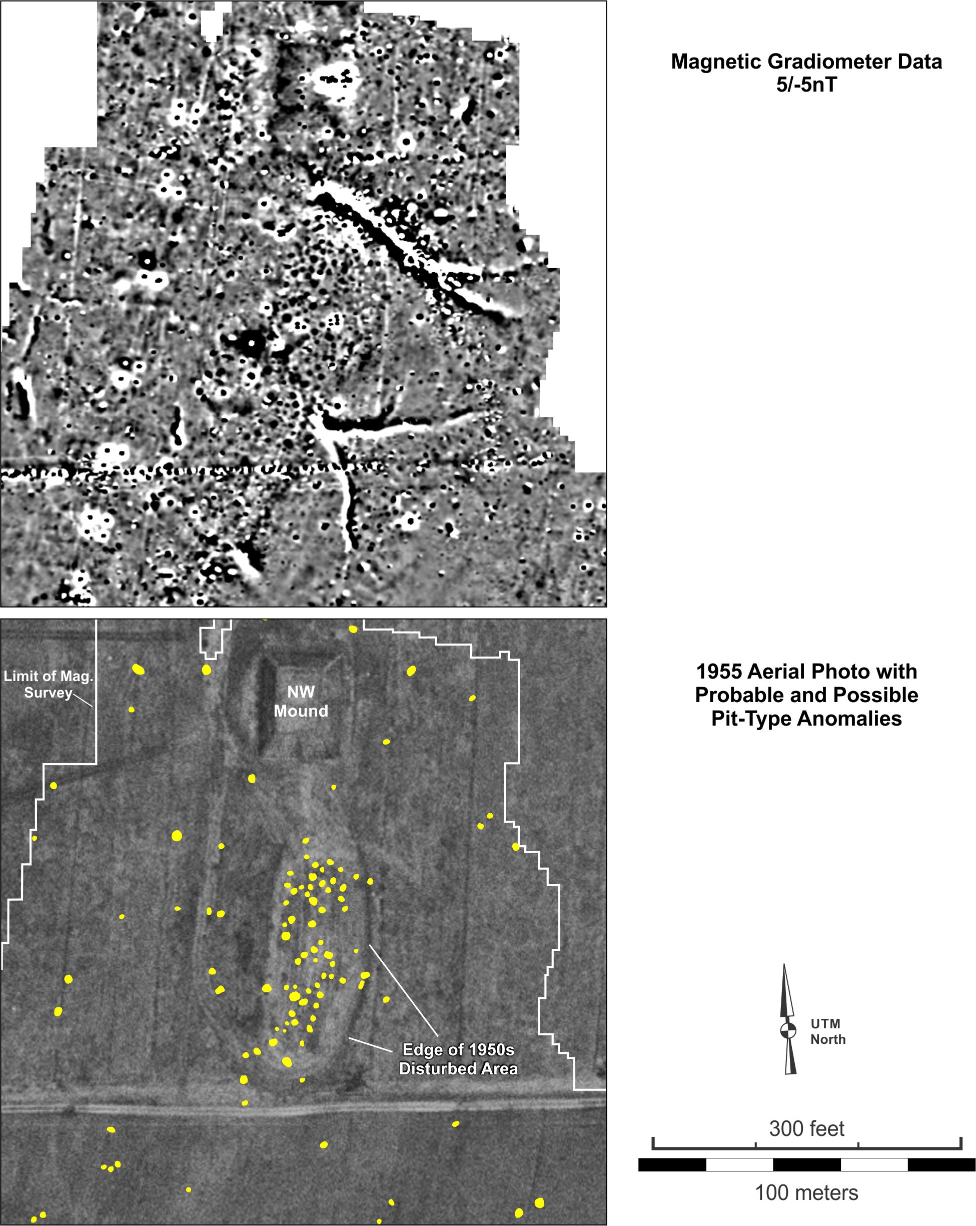 Figure 20. Detailed view of the probable and possible pit-type features in the a the (top) magnetic gradiometer data and (bottom) on a 1955 aerial photograph.