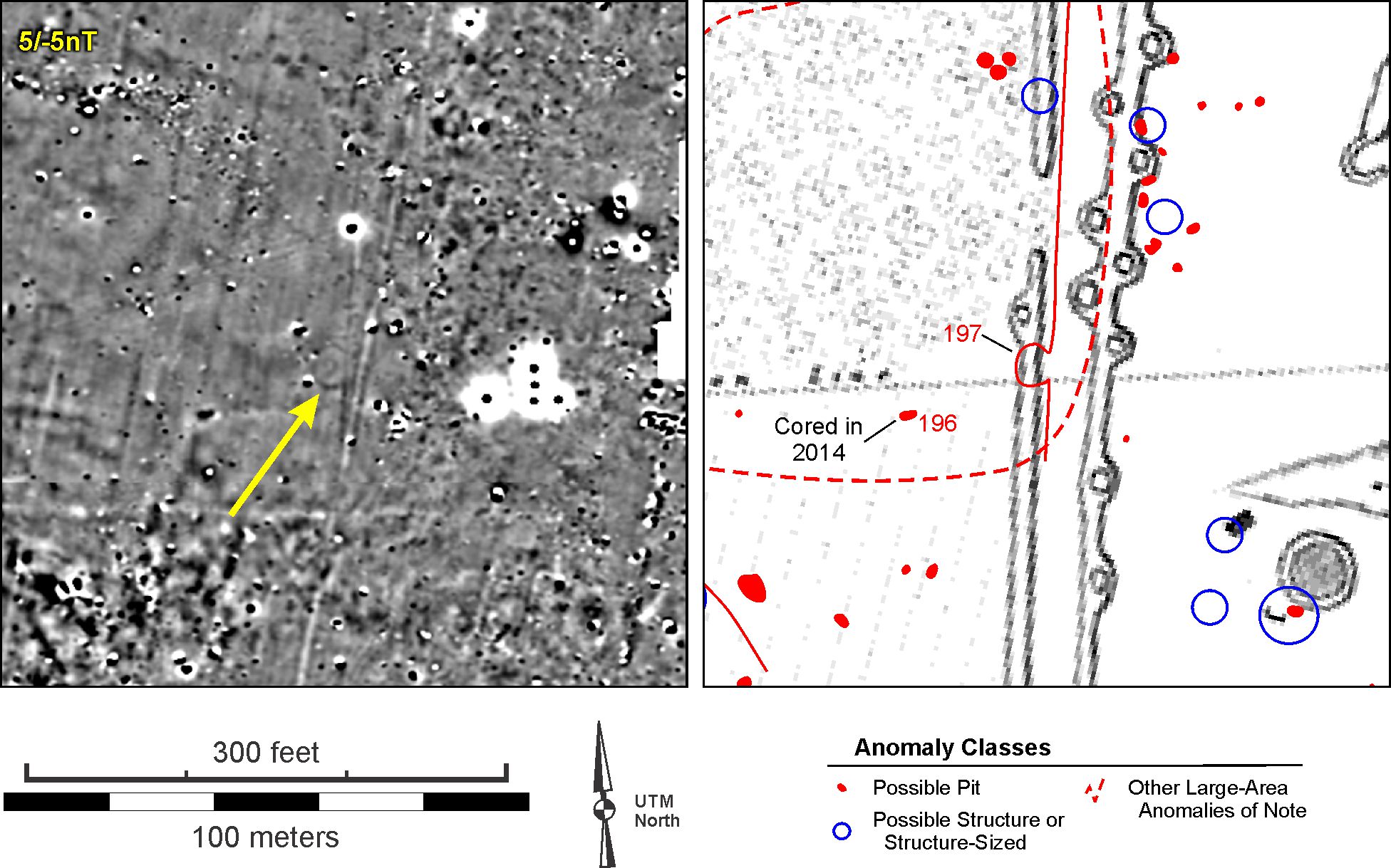 Figure 22. Detailed view of a noted circular feature along the east edge of the possible plaza, and its approximate location on the Lapham map.